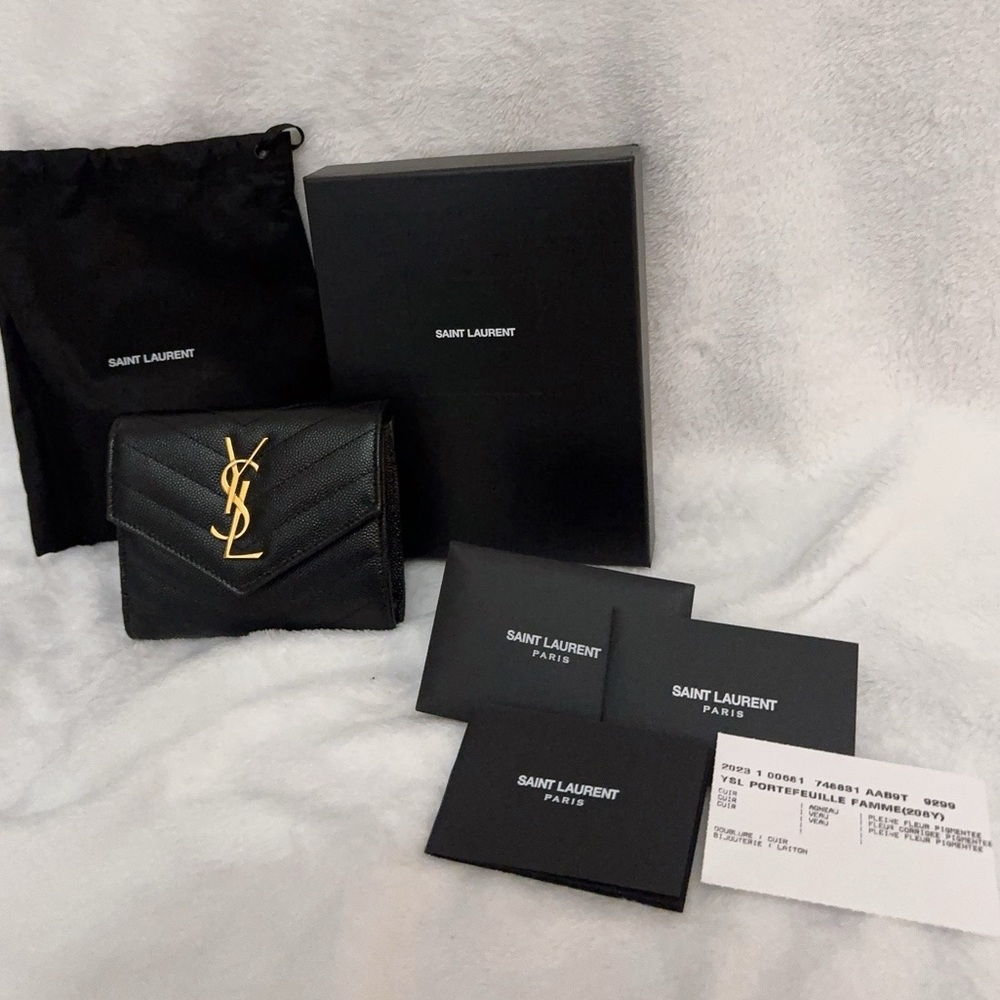 YSL Monogram Trifold Wallet in Grained Leather